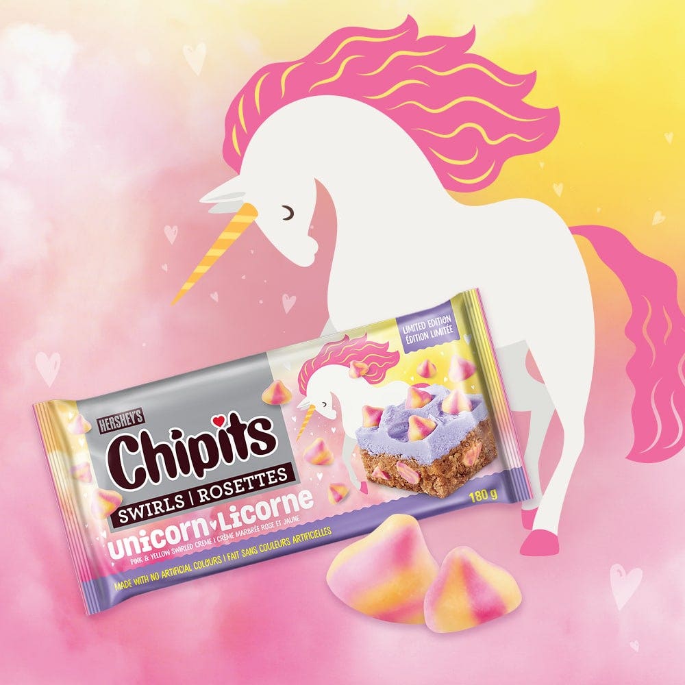 Unicorn next to a package of Chipits Chips