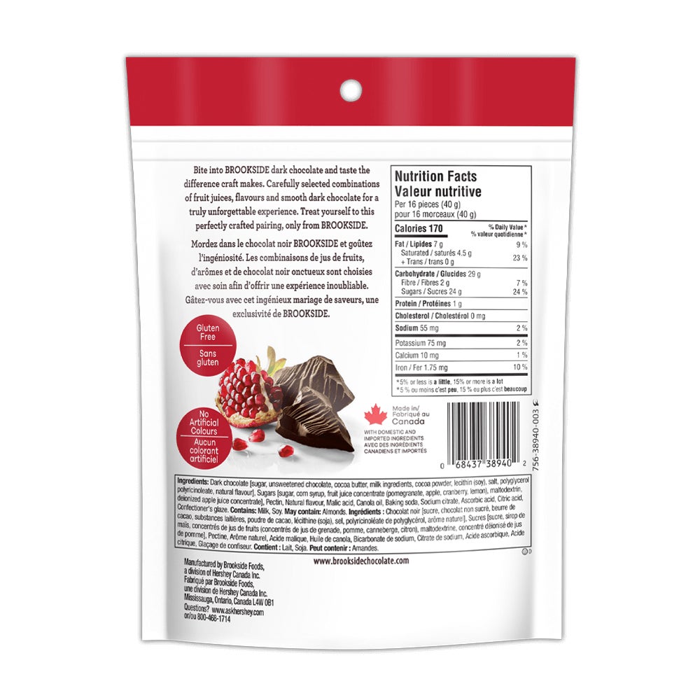 BROOKSIDE Dark Chocolate Pomegranate Flavour, 235g bag - Back of Package