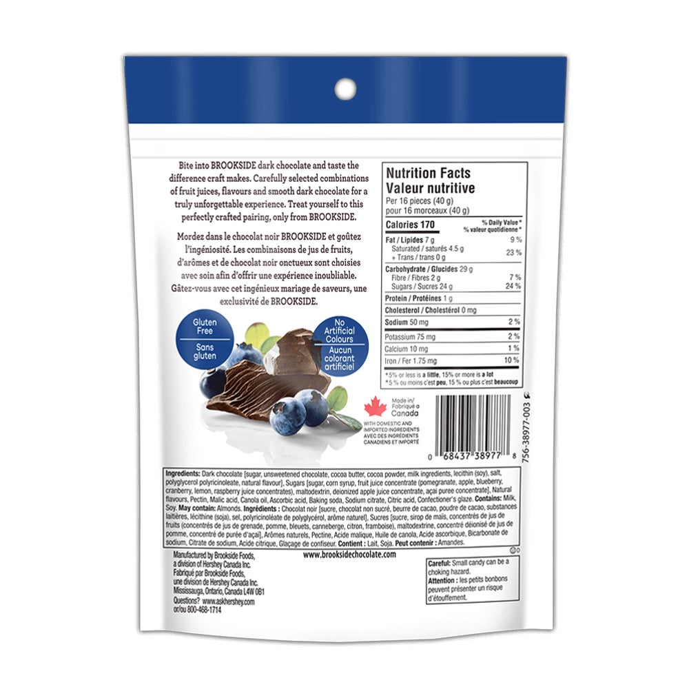 BROOKSIDE Dark Chocolate Acai and Blueberry Flavour, 235g bag - Back of Package