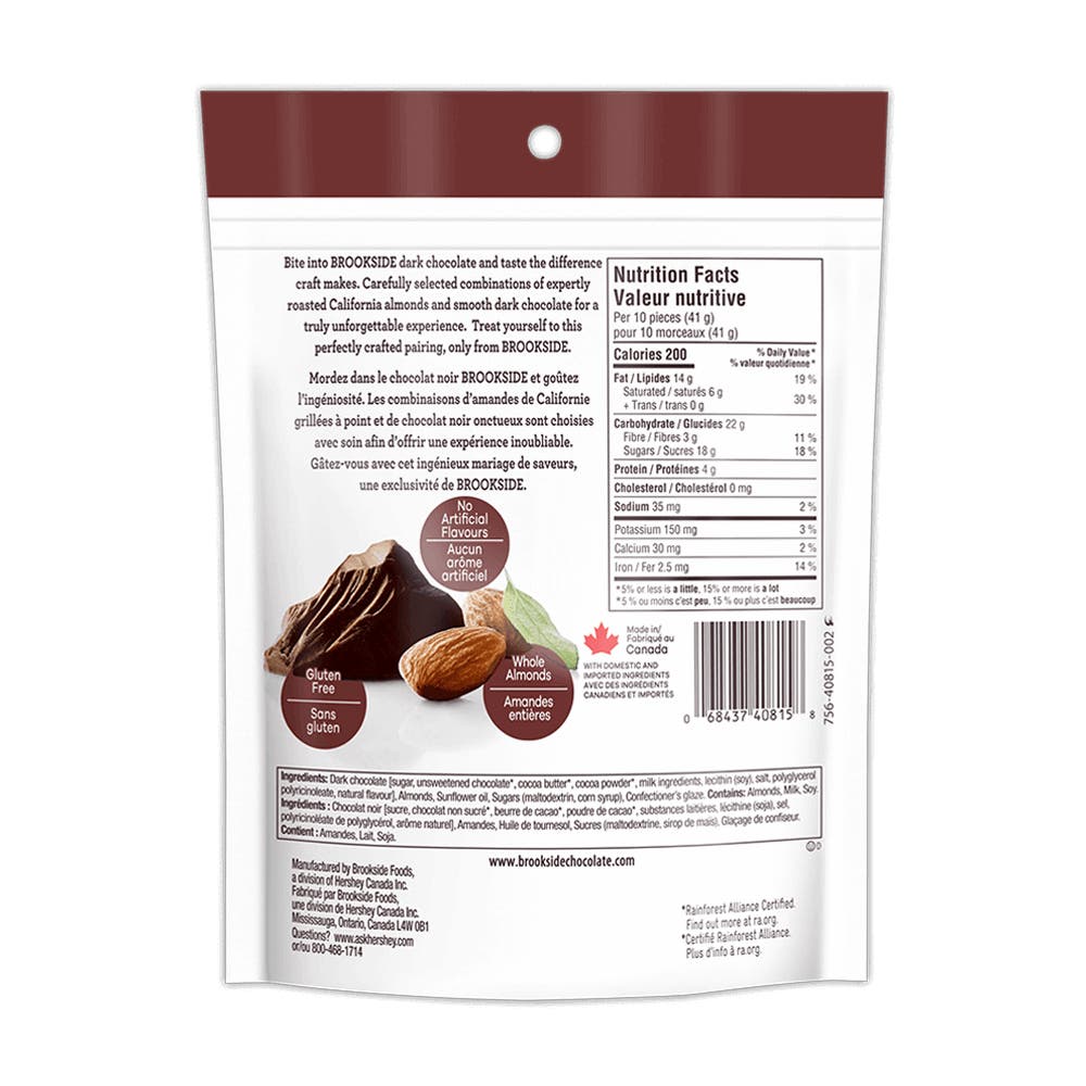 BROOKSIDE Whole Almonds in Dark Chocolate, 210g bag - Back of Package
