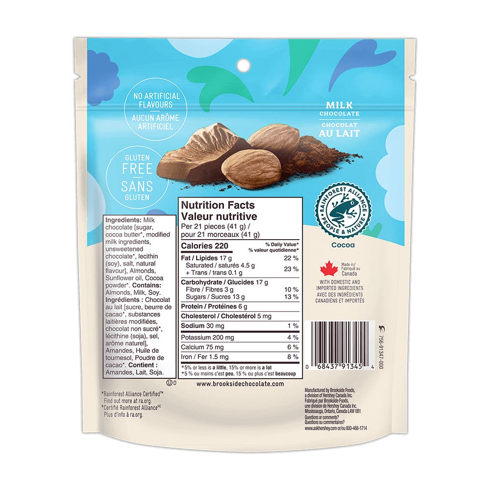 BROOKSIDE SIMPLY THIN Milk Chocolate Almonds, 160g bag - Back of Package