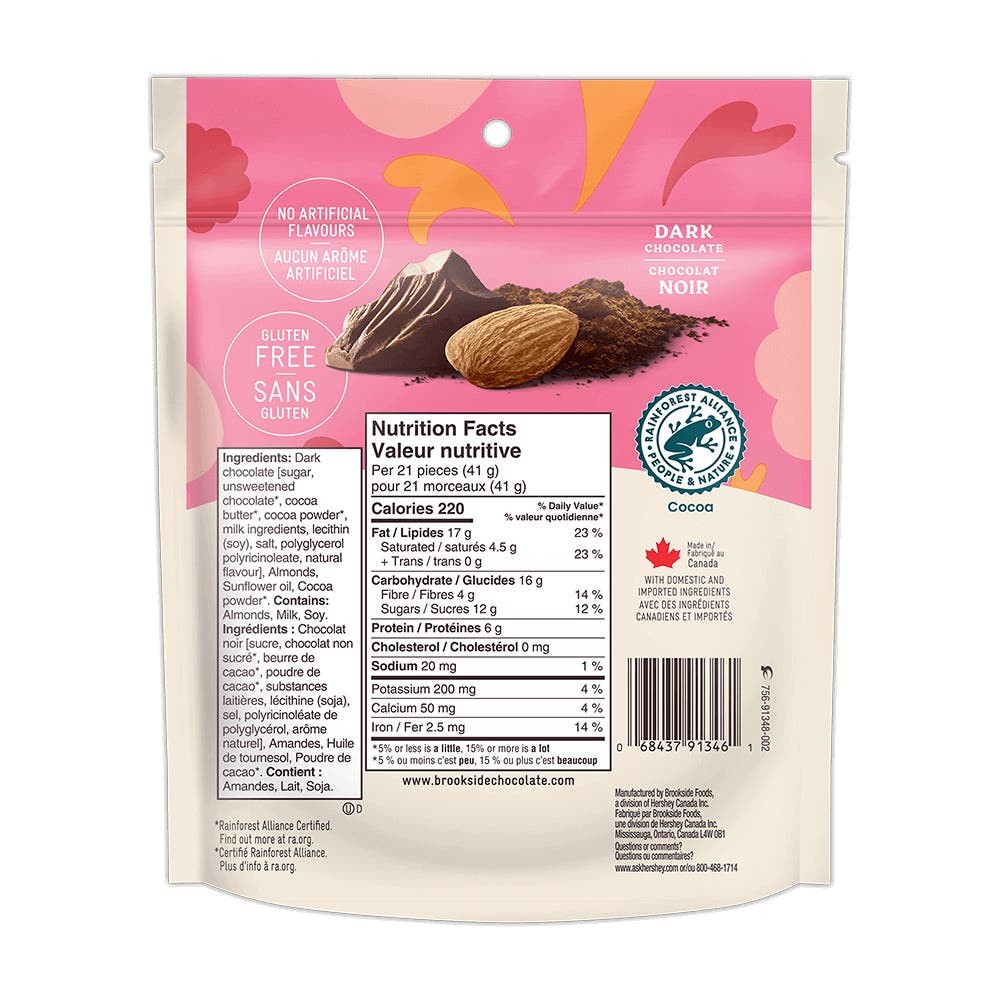 BROOKSIDE SIMPLY THIN Dark Chocolate Almonds, 160g bag - Back of Package