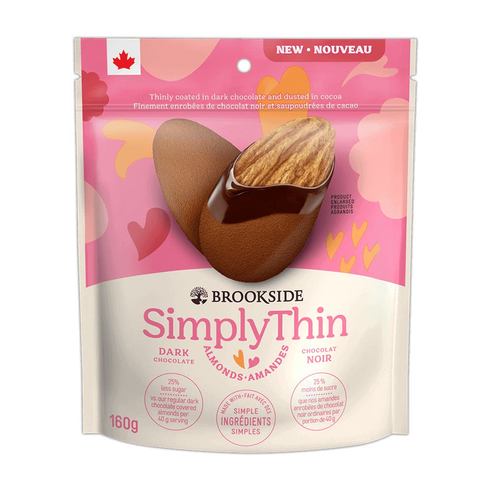 BROOKSIDE SIMPLY THIN Dark Chocolate Almonds, 160g bag - Front of Package