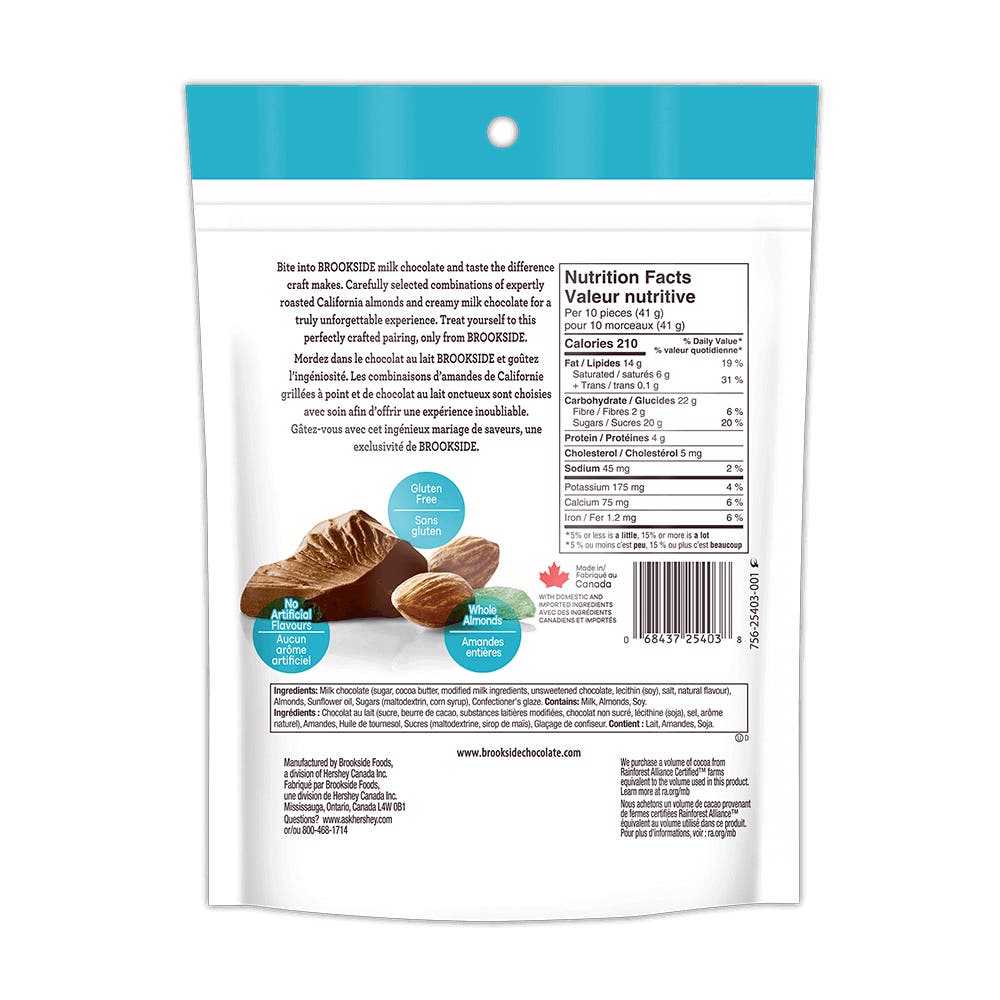 BROOKSIDE Whole Almonds in Milk Chocolate, 210g bag - Back of Package