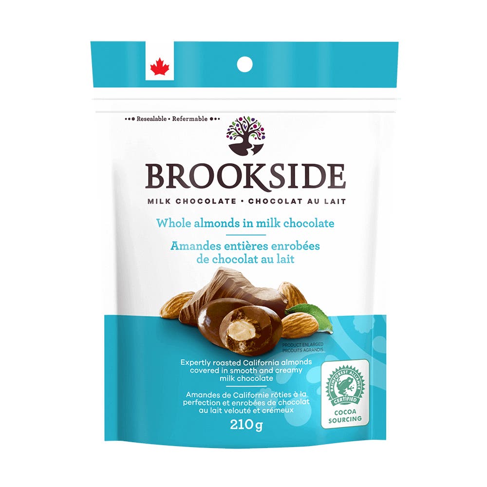 BROOKSIDE Whole Almonds in Milk Chocolate, 210g bag - Front of Package