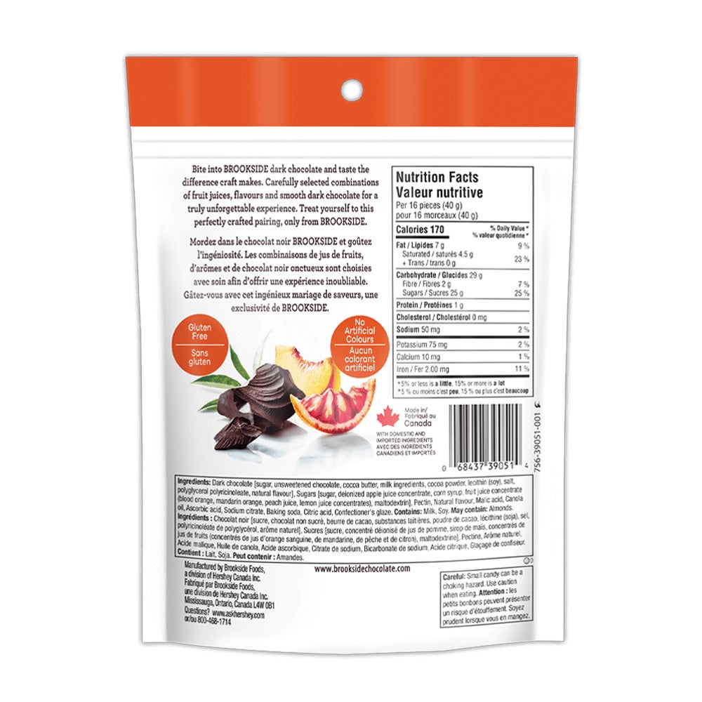 BROOKSIDE Dark Chocolate Blood Orange & Peach Flavour, 235g bag - Back of Package