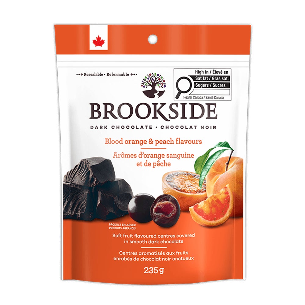 BROOKSIDE Dark Chocolate Blood Orange & Peach Flavour, 235g bag - Front of Package