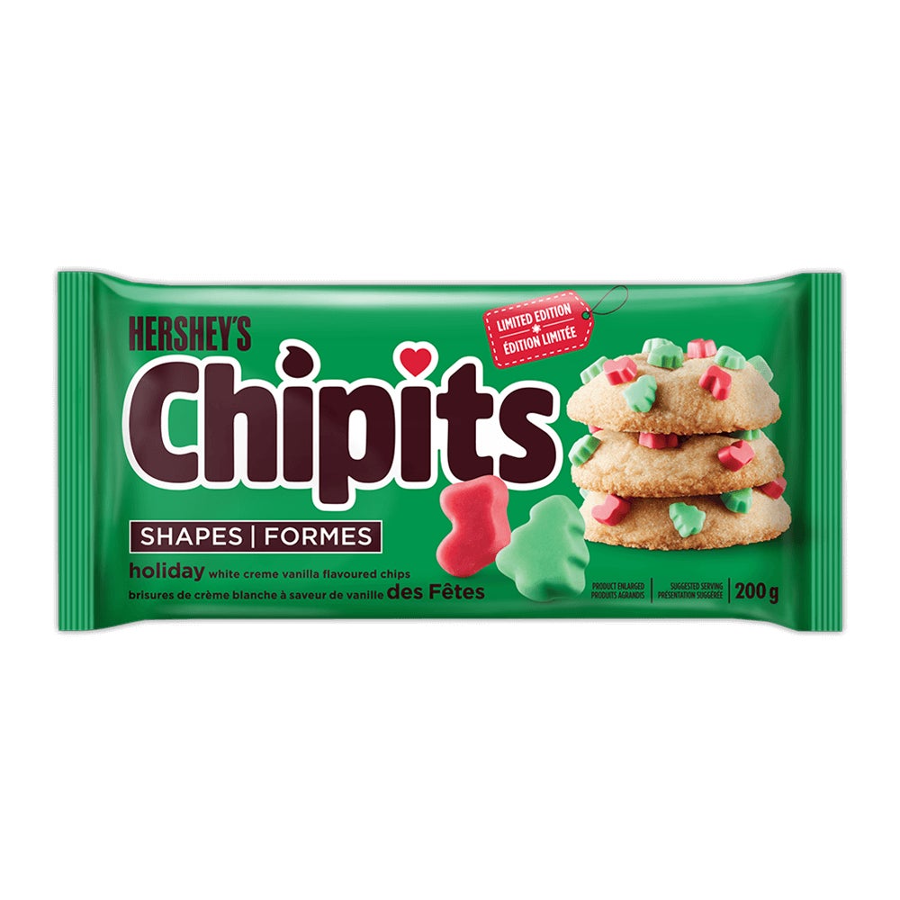 HERSHEY'S CHIPITS Holiday Shapes White Creme Vanilla Flavoured Chips, 200g bag - Front of Package