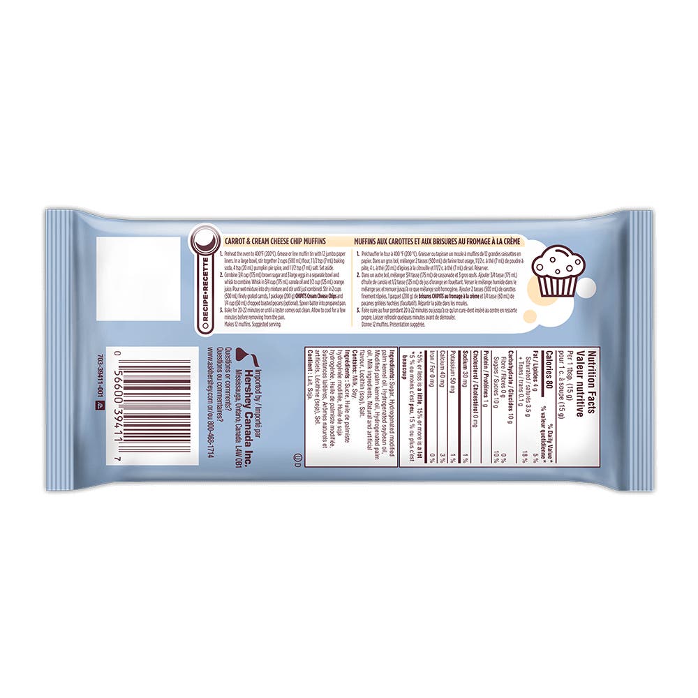 HERSHEY'S CHIPITS Cream Cheese Flavoured Chips, 200g bag - Back of Package