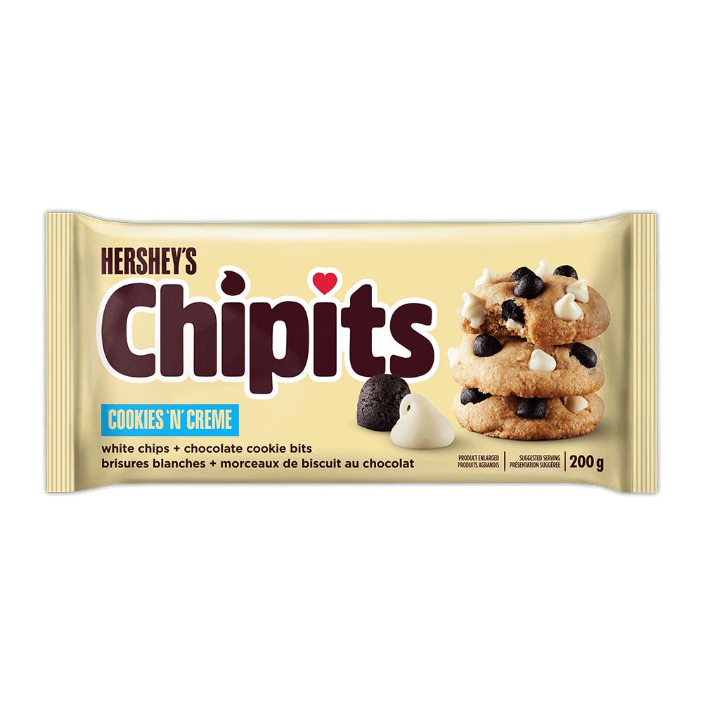 HERSHEY'S CHIPITS COOKIES 'N' CREME Chips, 200g bag - Front of Package