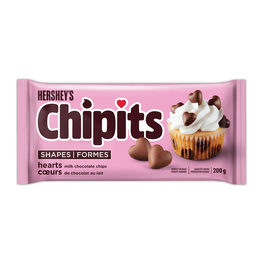 HERSHEY'S CHIPITS Heart Shaped Milk Chocolate Chips, 200g bag - Front of Package