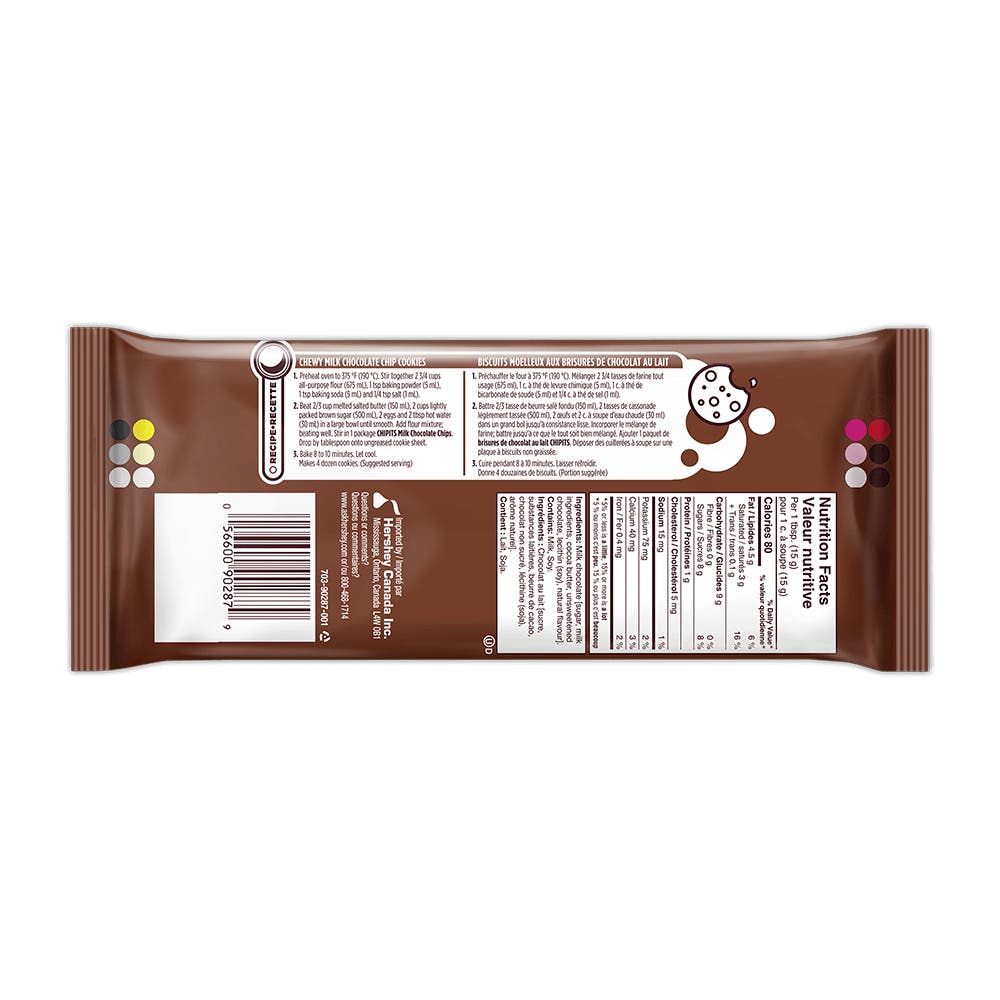 HERSHEY'S CHIPITS Milk Chocolate Chips, 250g bag - Back of Package