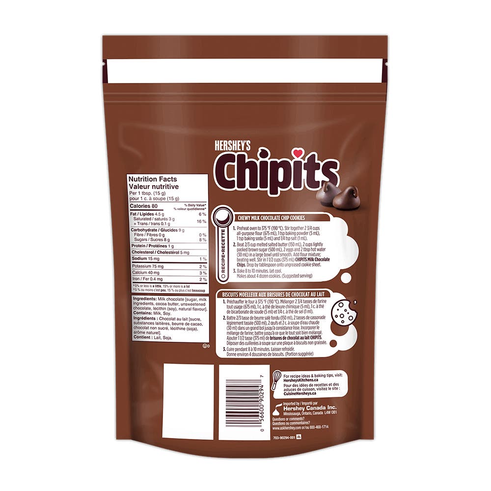 HERSHEY'S CHIPITS Milk Chocolate Chips, 835g bag - Back of Package