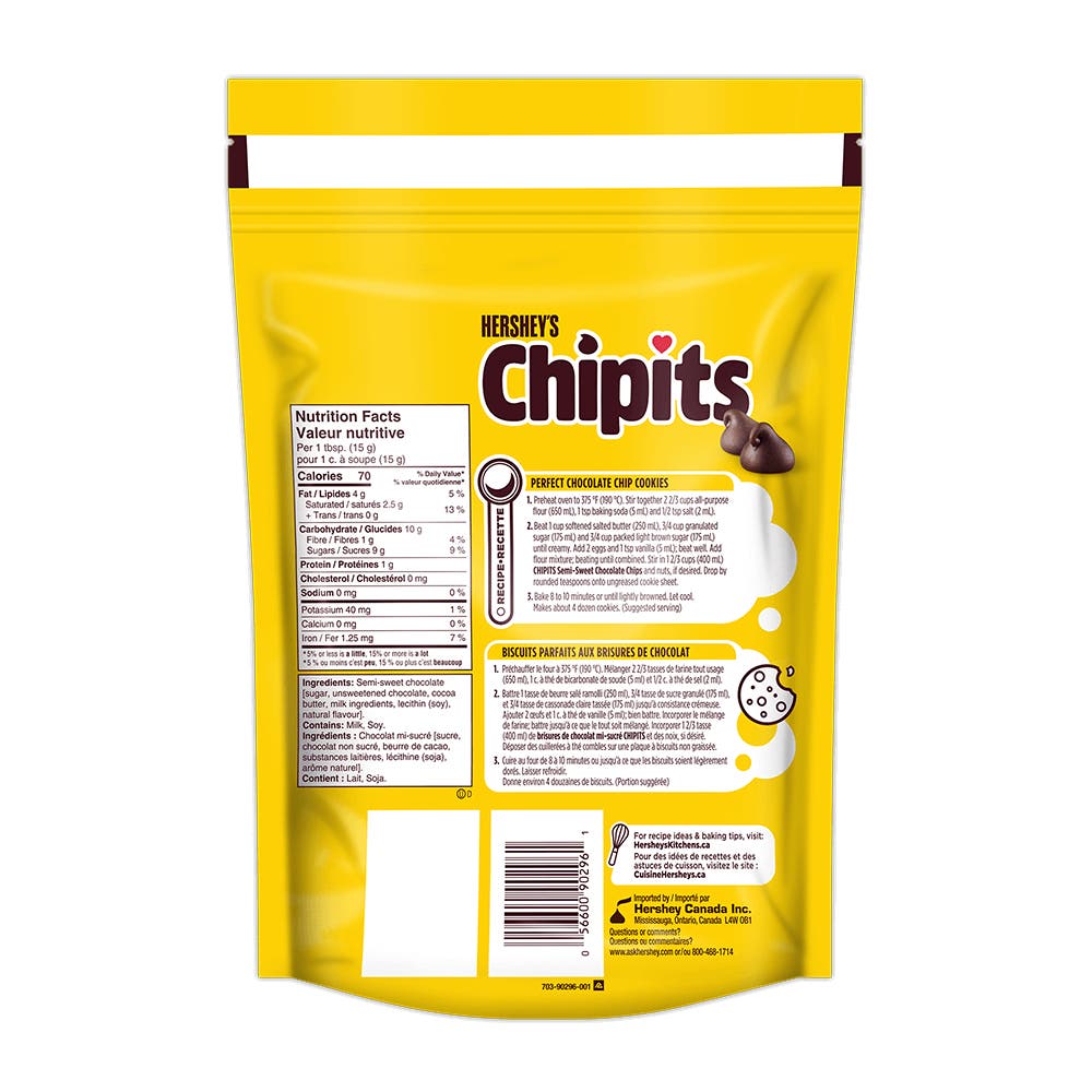 HERSHEY'S CHIPITS Pure Semi-Sweet Chocolate Chips, 925g bag - Back of Package