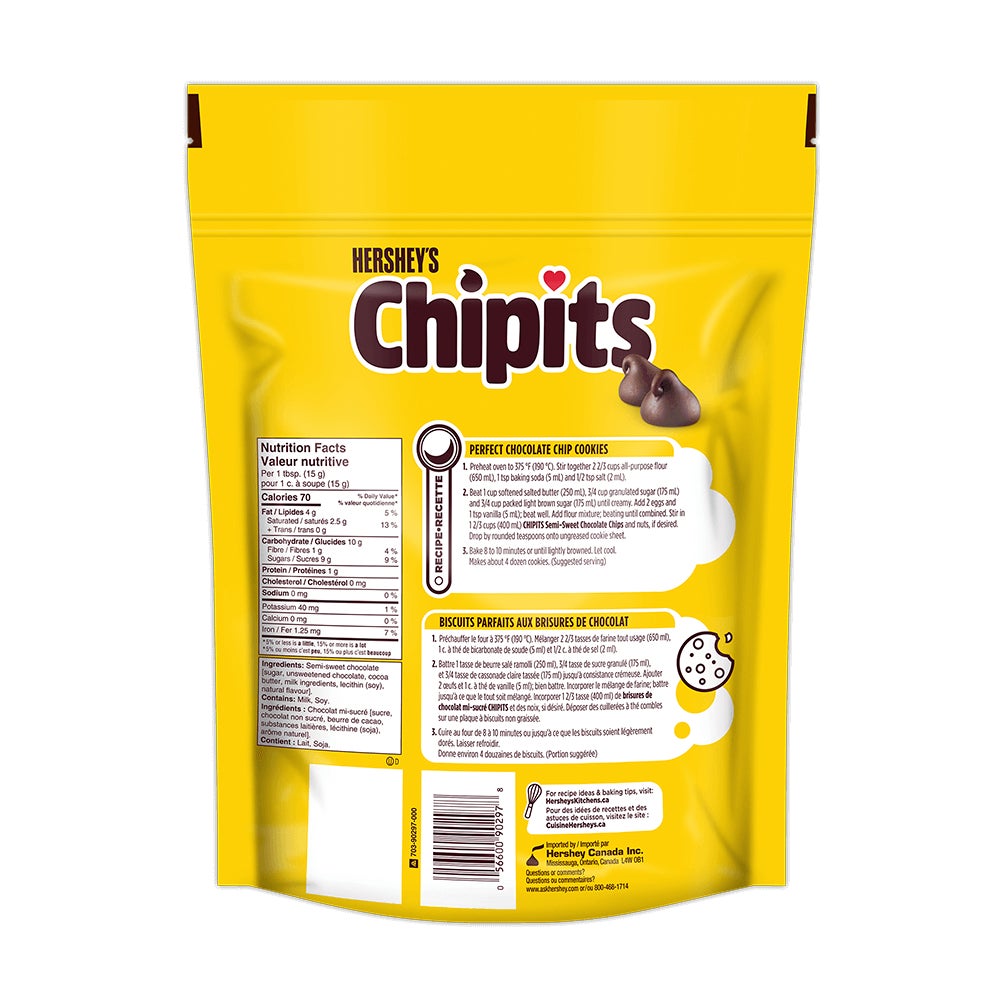 HERSHEY'S CHIPITS Pure Semi-Sweet Chocolate Chips, 1.6kg bag - Back of Package