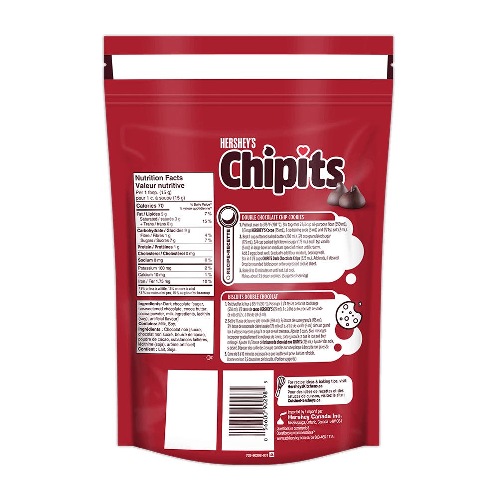 HERSHEY'S CHIPITS Dark Chocolate Chips, 775g bag - Back of Package