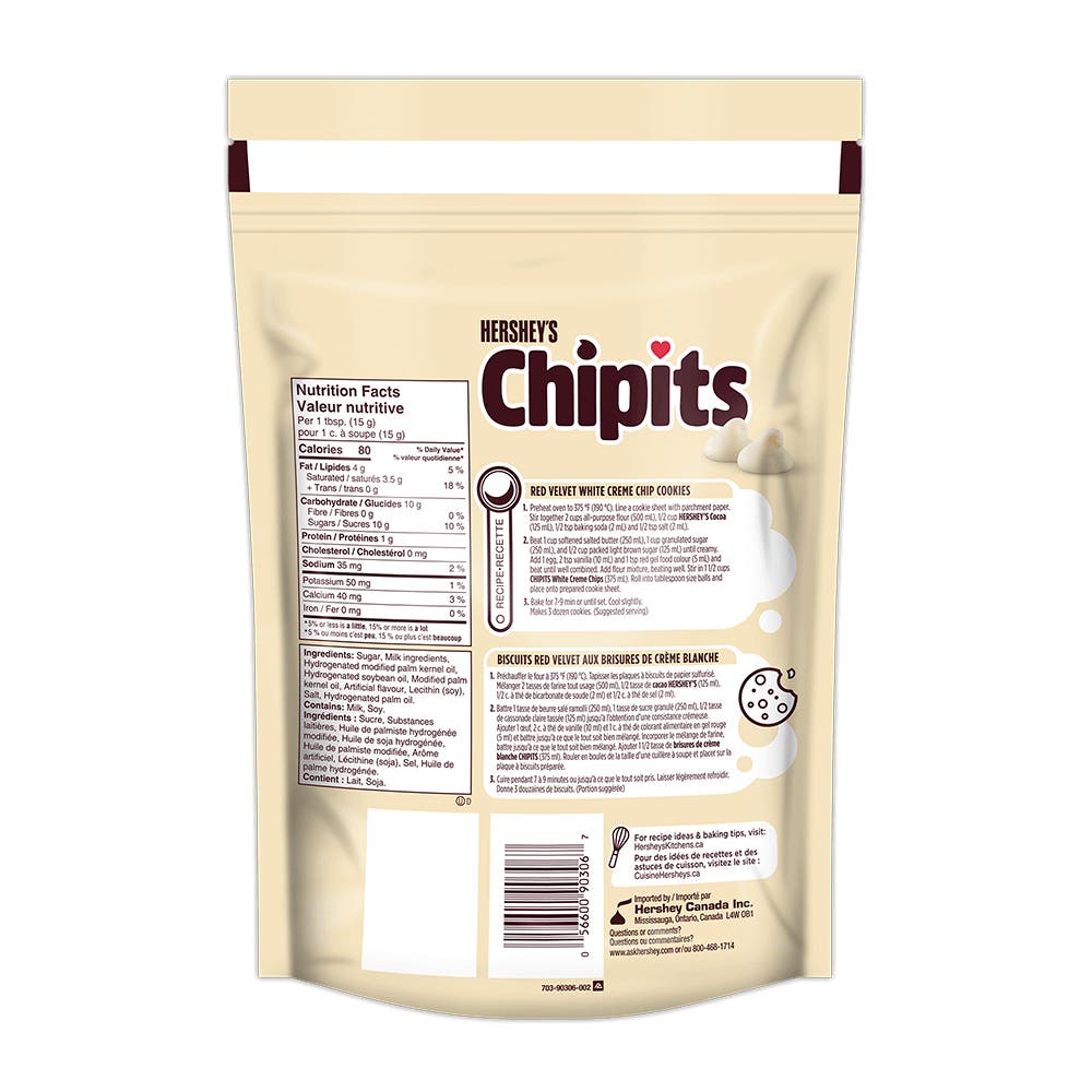 HERSHEY'S CHIPITS White Creme Chips, 835g bag - Back of Package