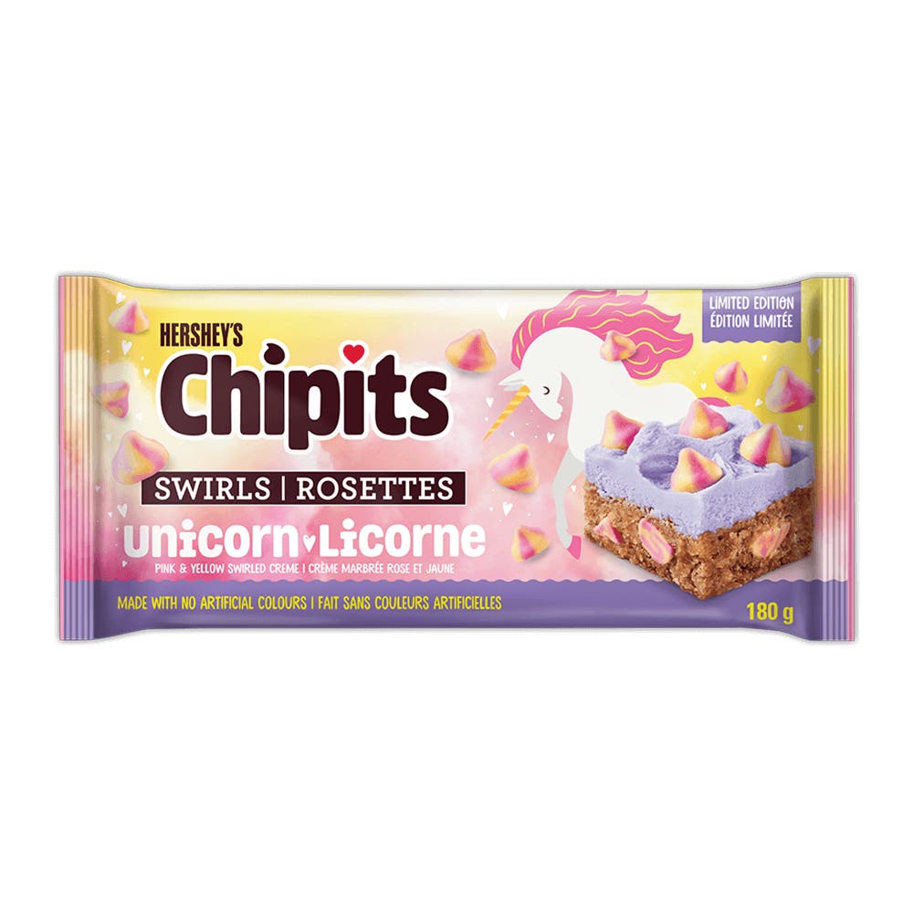 HERSHEY'S CHIPITS Unicorn Pink & Yellow Swirled Creme Flavoured Chips, 180g bag - Front of Package