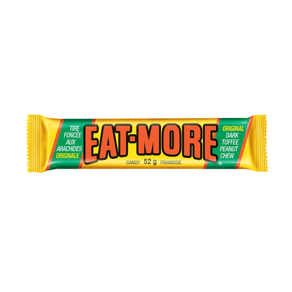 EAT-MORE Dark Toffee Peanut Chew Candy Bar, 52g - Front of Package