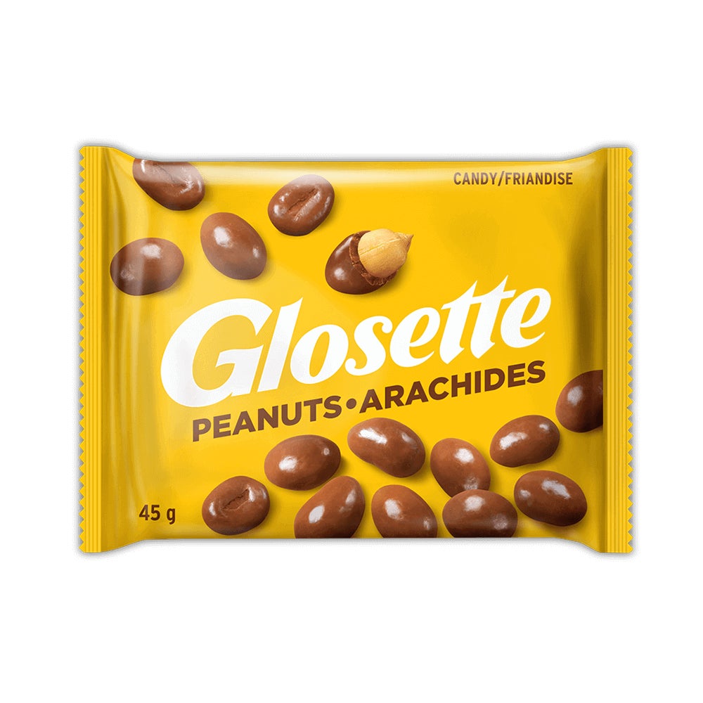 GLOSETTE Chocolatey Coated Peanuts Candy, 45g bag - Front of Package