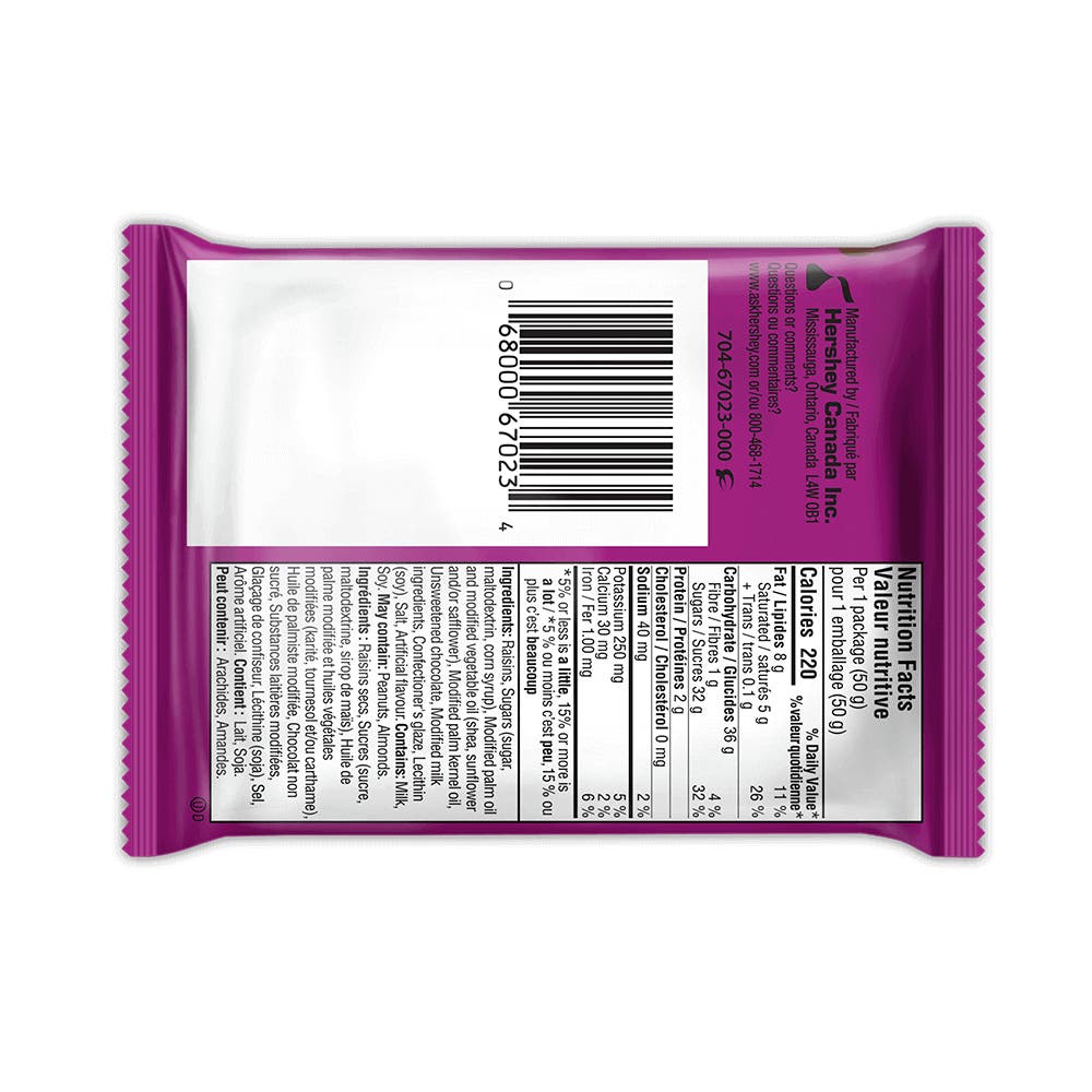 GLOSETTE Chocolatey Coated Raisins Candy, 50g bag - Back of Package