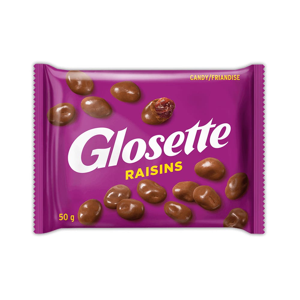 GLOSETTE Chocolatey Coated Raisins Candy, 50g bag - Front of Package
