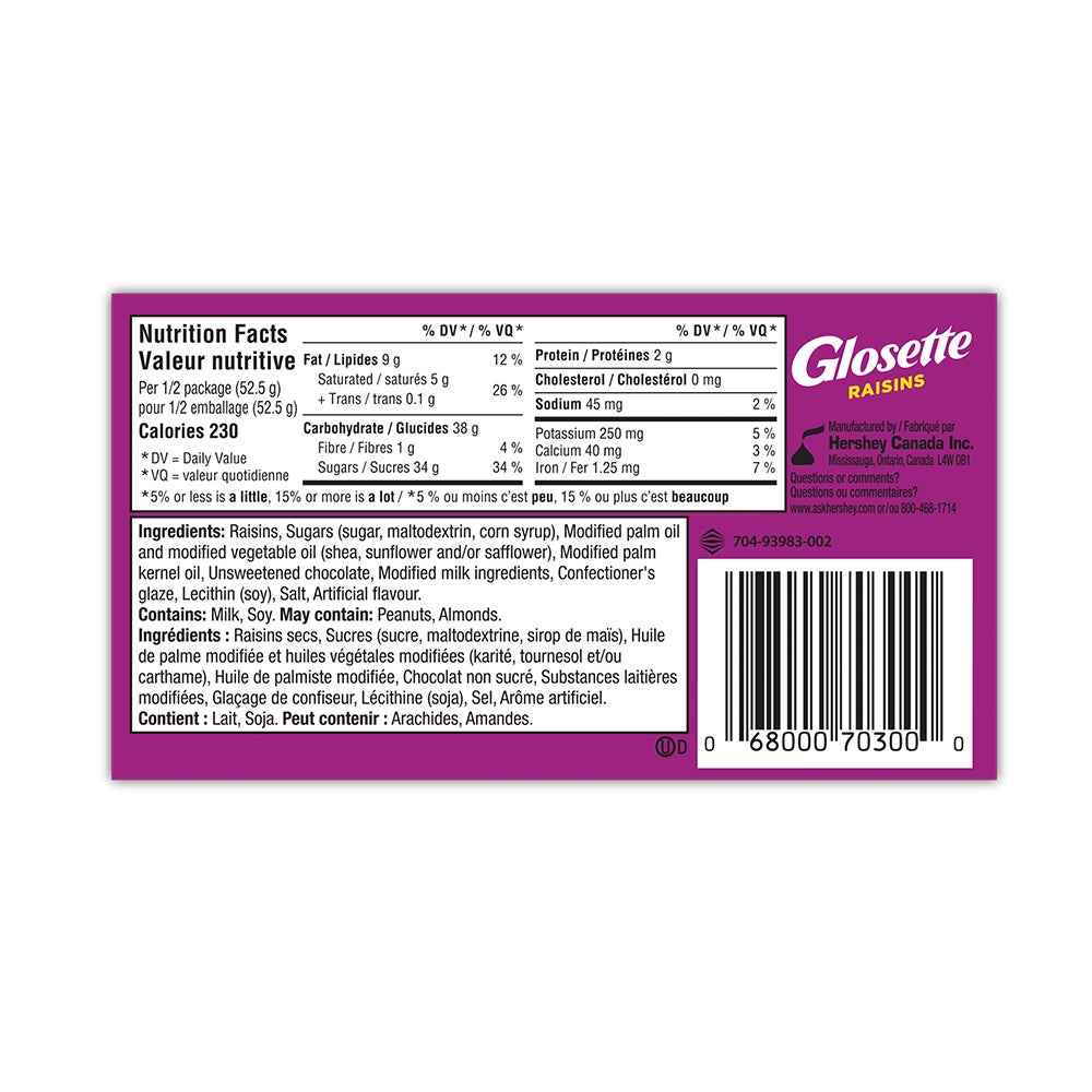 GLOSETTE Chocolatey Coated Raisins Candy, 105g box - Back of Package