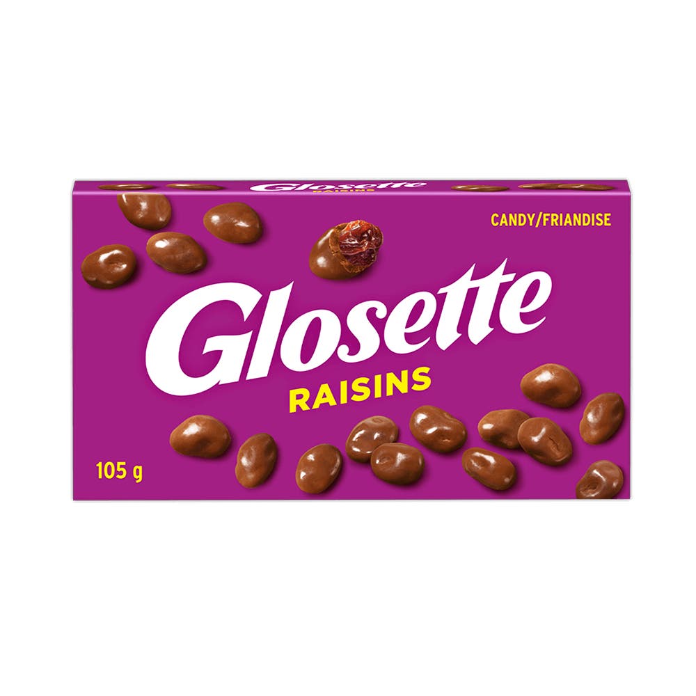 GLOSETTE Chocolatey Coated Raisins Candy, 105g box - Front of Package