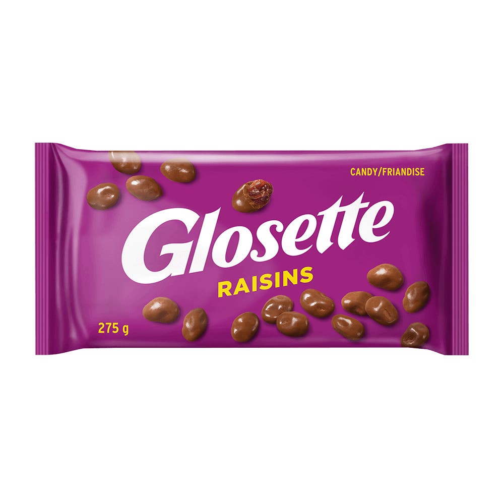 GLOSETTE Chocolatey Coated Raisins Candy, 275g bag - Front of Package