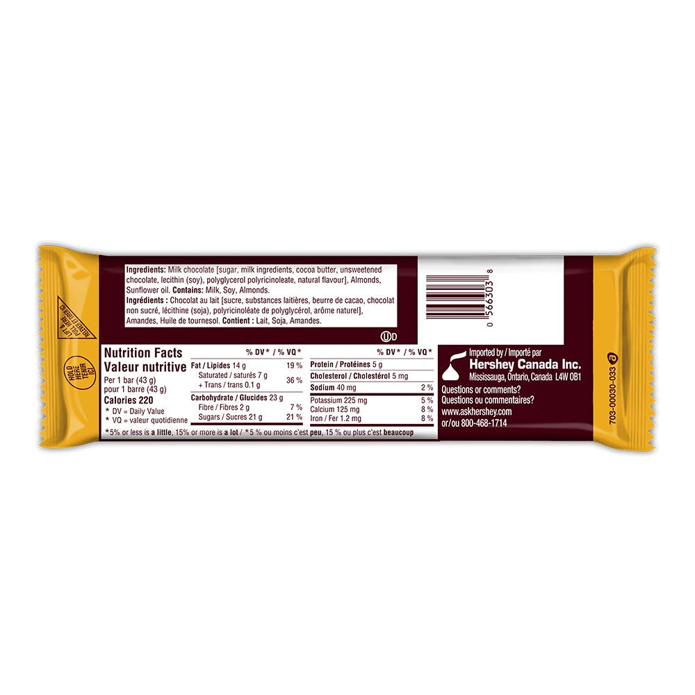 HERSHEY'S Creamy Milk Chocolate with Almonds Candy Bar, 43g - Back of Package