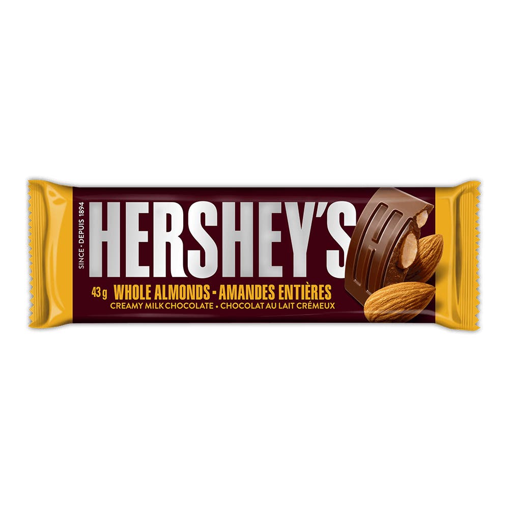 HERSHEY'S Creamy Milk Chocolate with Almonds Candy Bar, 43g - Front of Package