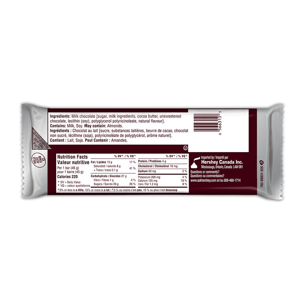 HERSHEY'S Creamy Milk Chocolate Candy Bar, 45g - Back of Package