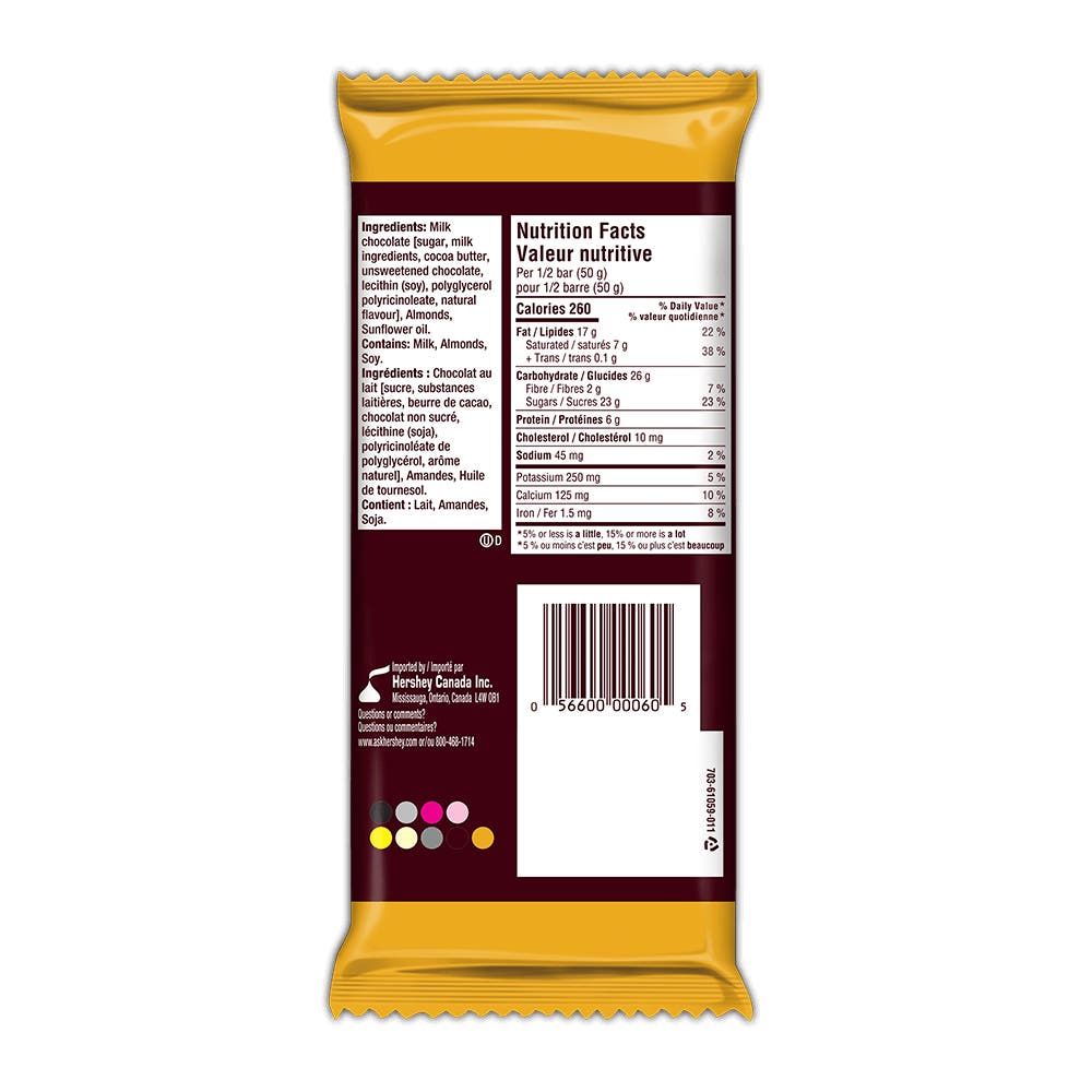 HERSHEY'S Creamy Milk Chocolate with Almonds Candy Bar, 100g - Back of Package