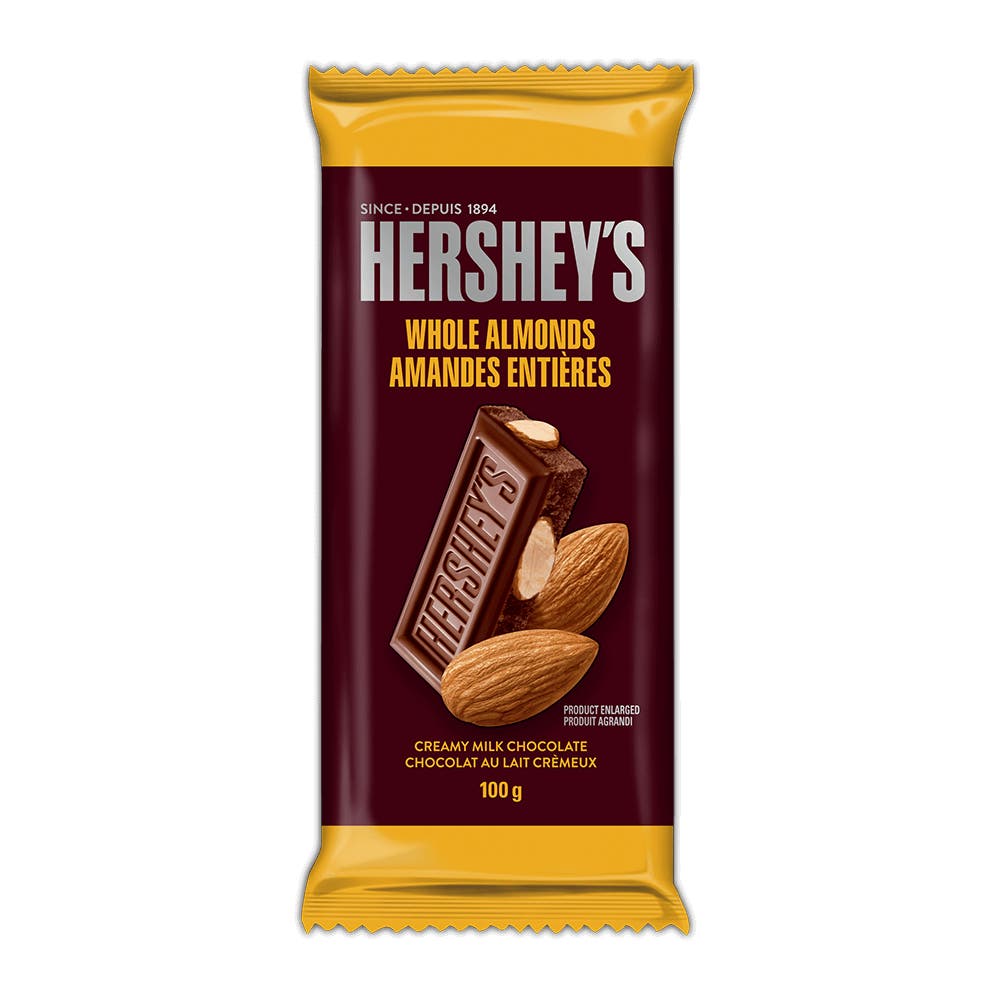 HERSHEY'S Creamy Milk Chocolate with Almonds Candy Bar, 100g - Front of Package