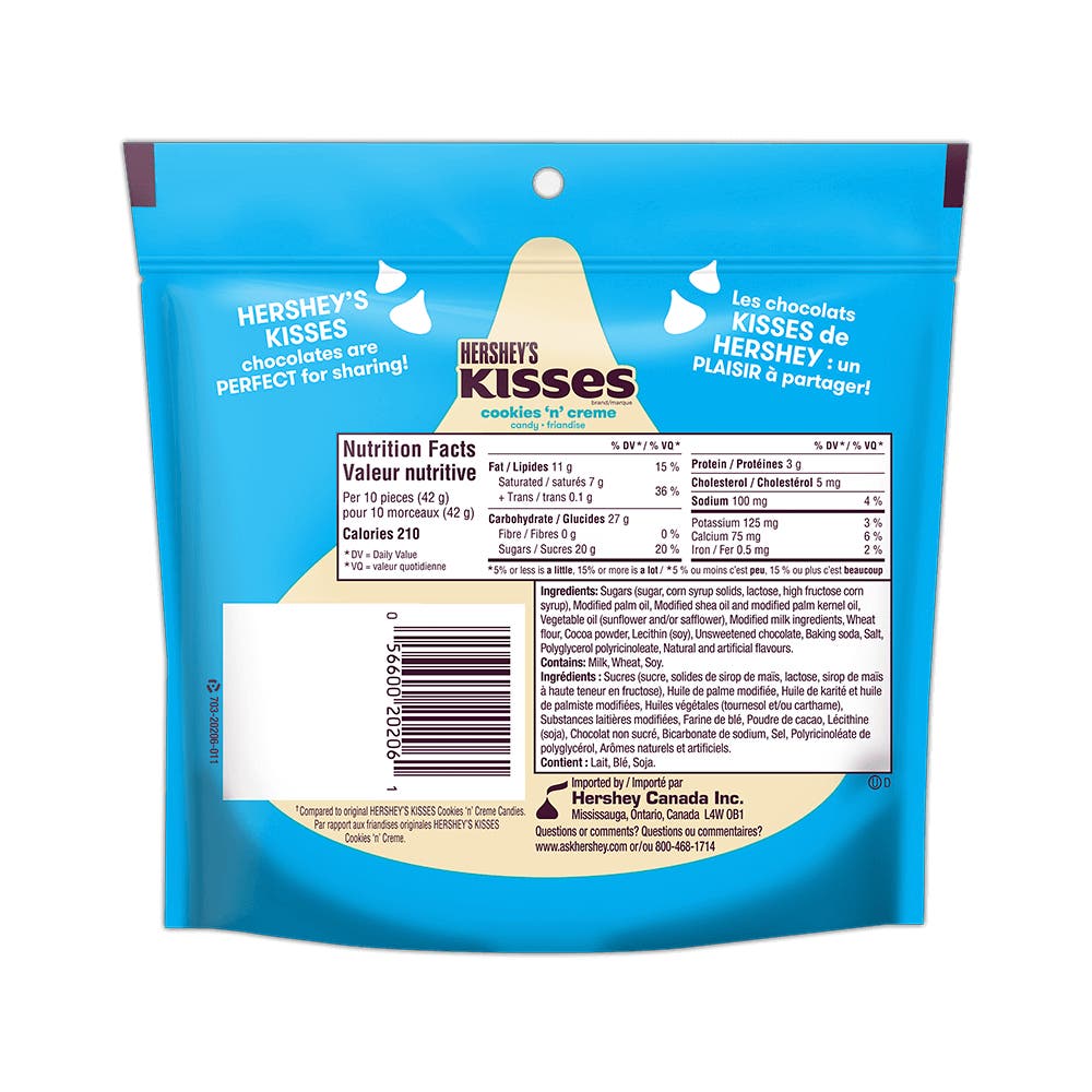 HERSHEY'S KISSES COOKIES 'N' CREME Candy, 200g bag - Back of Package