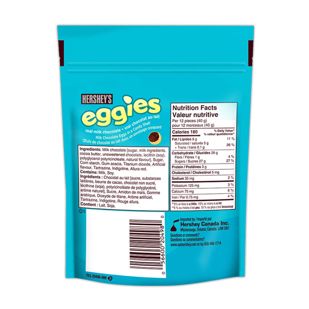 HERSHEY'S EGGIES Milk Chocolate Candy Coated Eggs, 220g bag - Back of Package