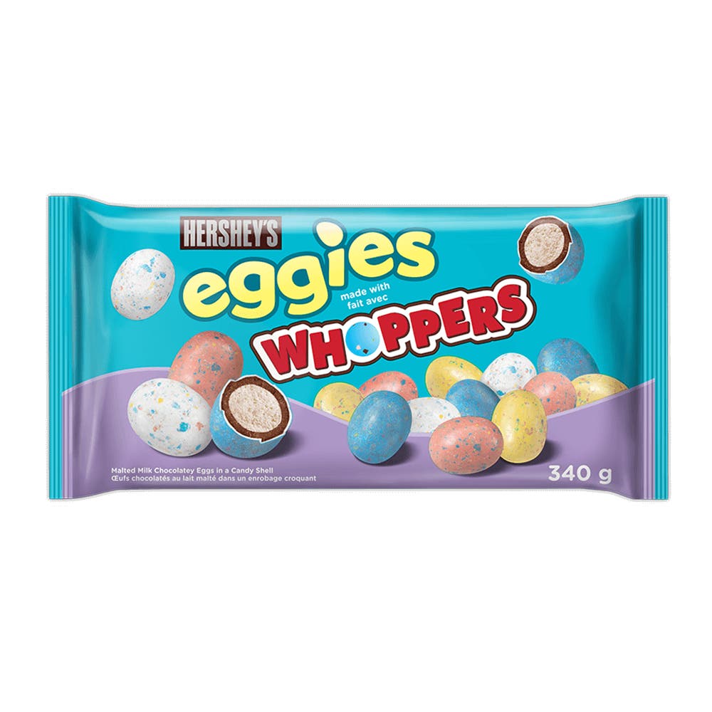 HERSHEY'S EGGIES with WHOPPERS Malted Milk Chocolate Candy Coated Eggs, 340g bag - Front of Package