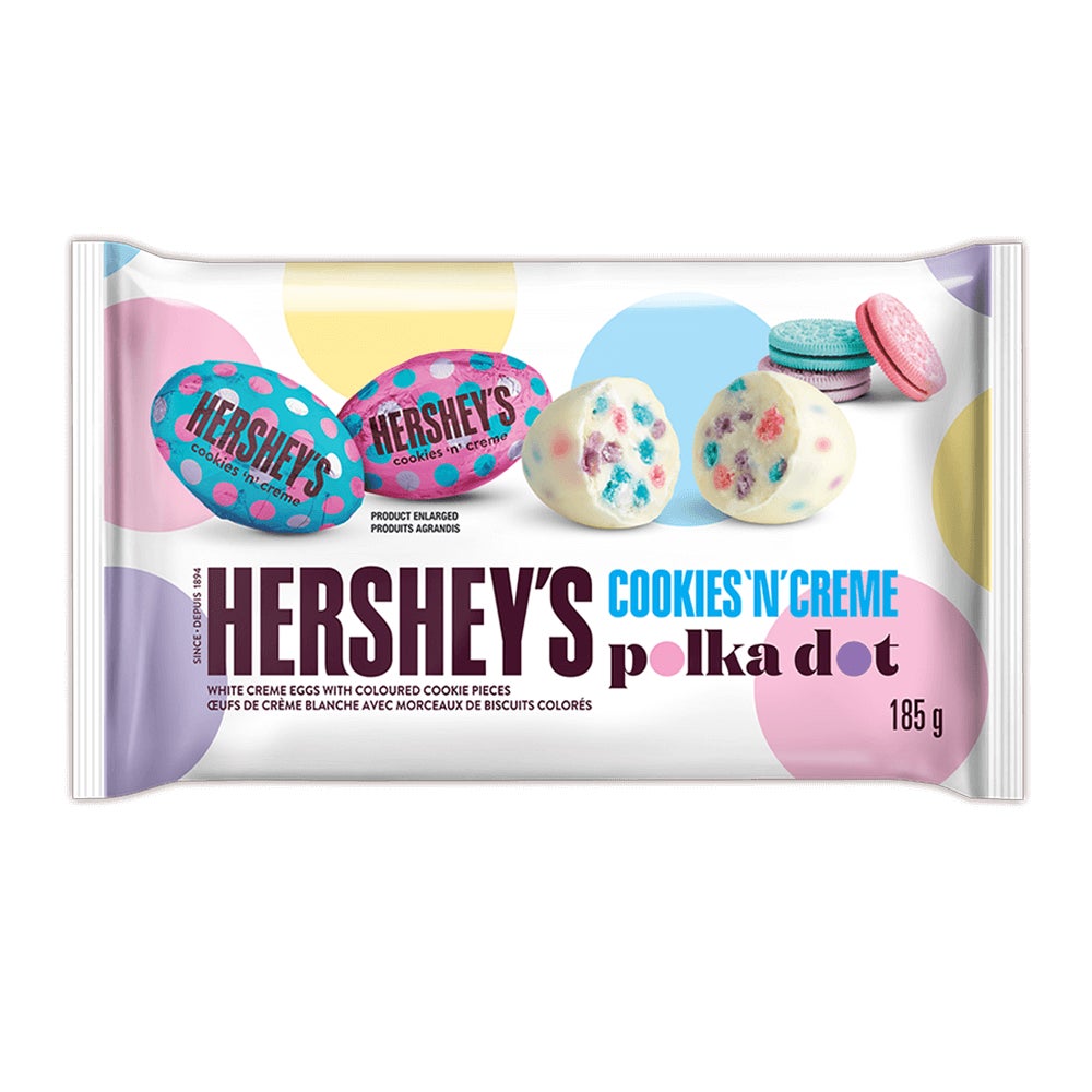 HERSHEY'S COOKIES 'N' CREME Polka Dot Candy Eggs, 185g bag - Front of Package