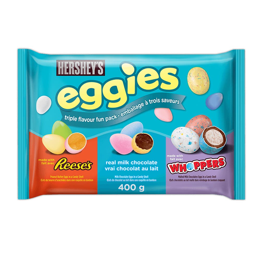 HERSHEY'S EGGIES Triple Flavour Fun Pack Candy Coated Eggs, 400g bag - Front of Package