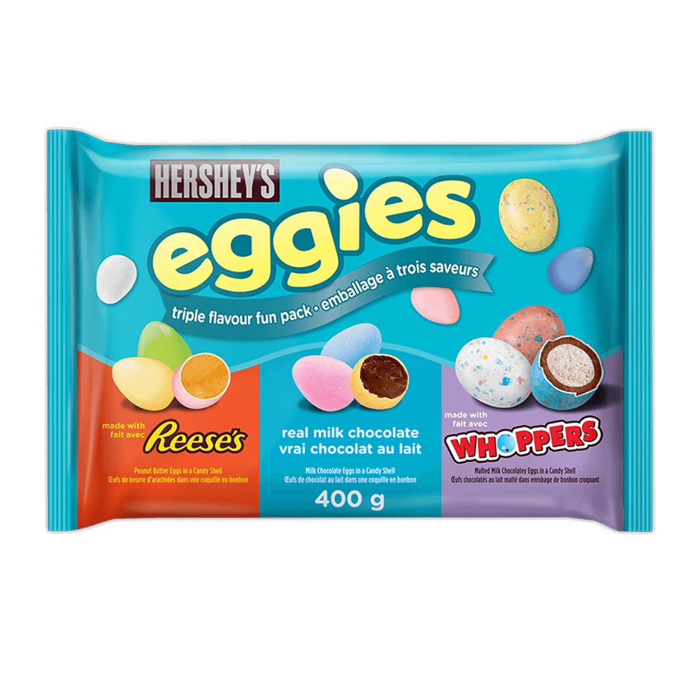 HERSHEY'S EGGIES Triple Flavour Fun Pack Candy Coated Eggs, 400g bag - Front of Package