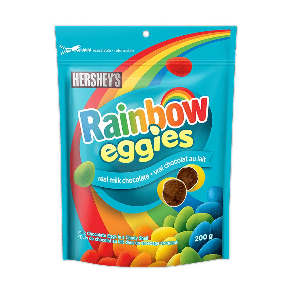 HERSHEY'S EGGIES Rainbow Milk Chocolate Candy Coated Eggs, 200g bag - Front of Package