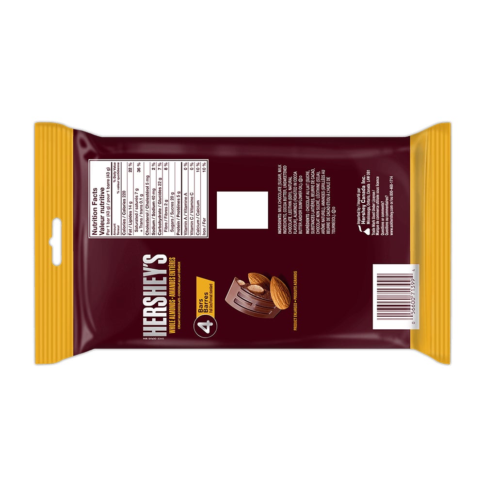 HERSHEY'S Creamy Milk Chocolate with Almonds Candy Bars, 43g, 4 bars - Back of Package