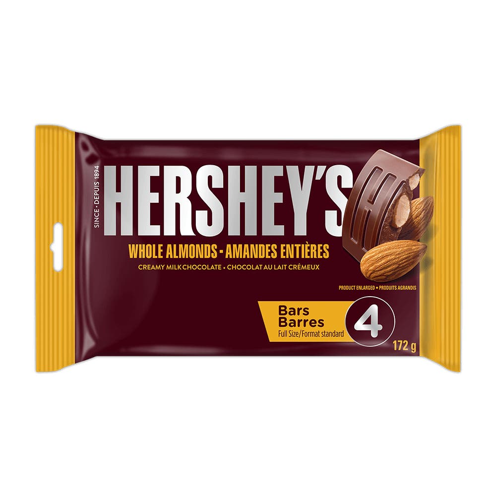 HERSHEY'S Creamy Milk Chocolate with Almonds Candy Bars, 43g, 4 bars - Front of Package