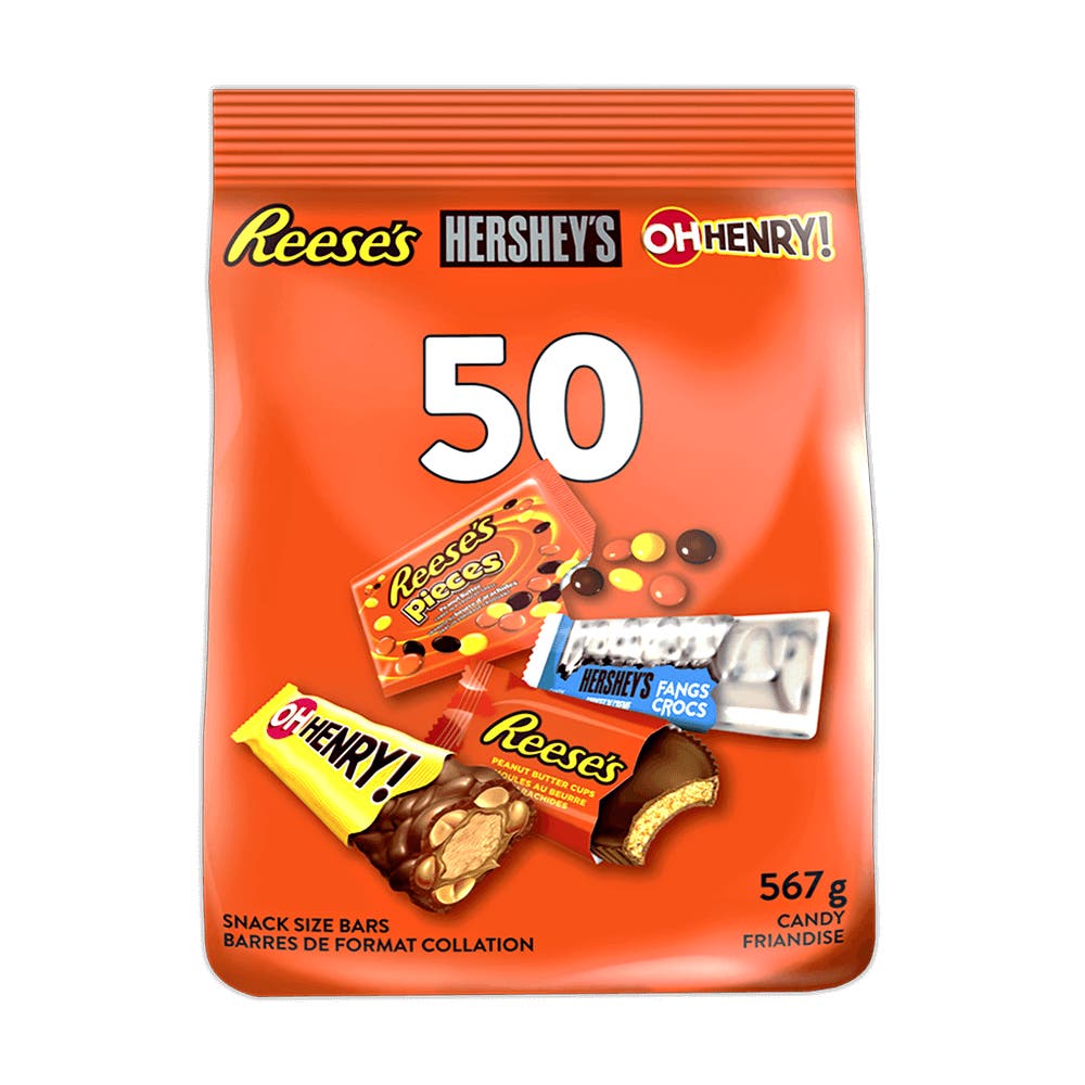 Hershey's Halloween Snack Size Candy Bar Assortment, 567g bag, 50 pieces - Front of Package