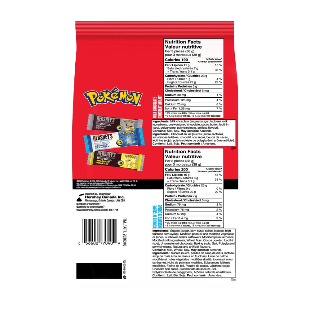 HERSHEY'S Pokémon Special Edition Snack Size Assorted Candy Bars, 1.02kg bag, 80 pieces - Back of Package