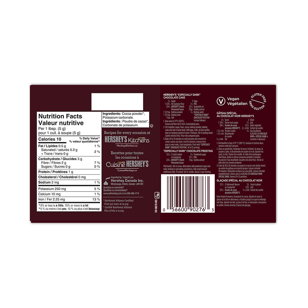 HERSHEY'S COCOA Dark Cocoa, 226g can - Back of Package