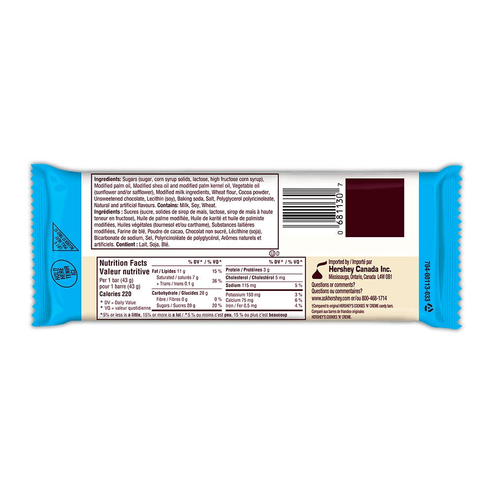 HERSHEY'S COOKIES 'N' CREME Candy Bar, 43g - Back of Package