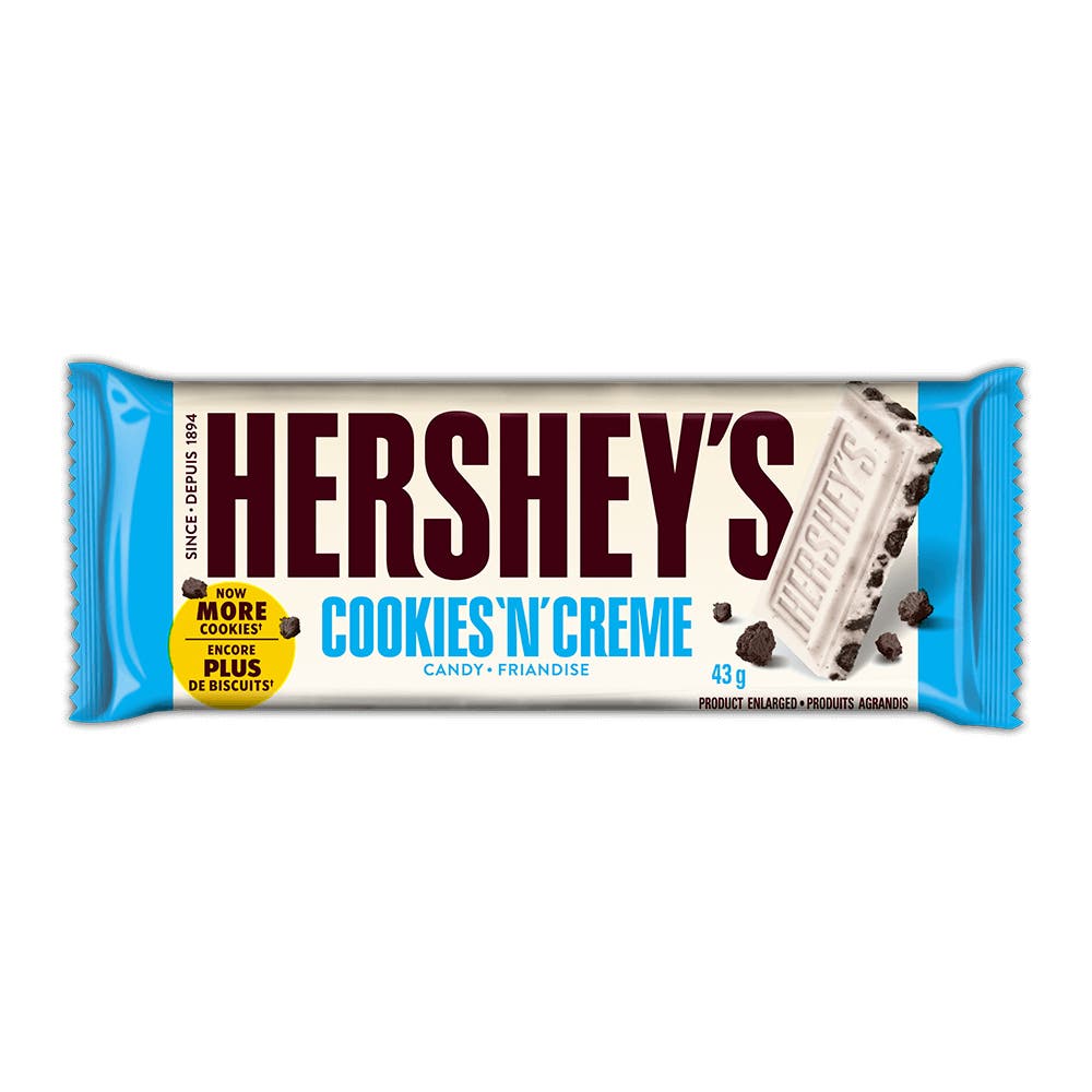HERSHEY'S COOKIES 'N' CREME Candy Bar, 43g - Front of Package