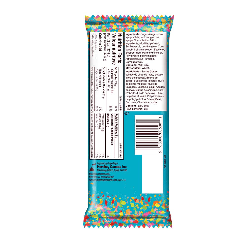 HERSHEY'S Birthday Cake Candy Bar, 95g - Back of Package