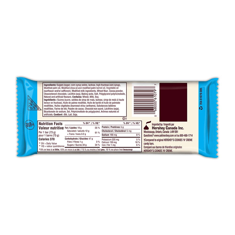HERSHEY'S COOKIES 'N' CREME King Size Candy Bar, 73g - Back of Package